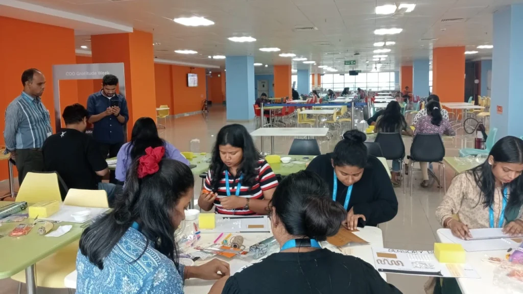 Volunteers making sensory boards